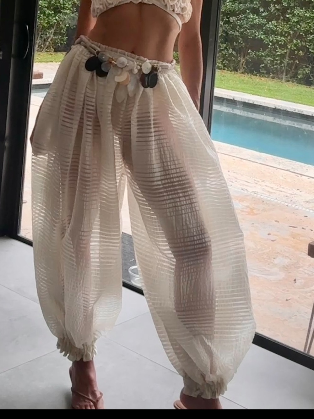 Sheer Ivory silk stripe balloon pants